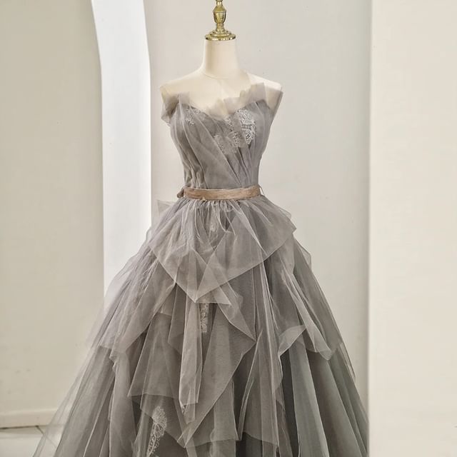 Gown Lace Ruched A-Line Tube Mesh Panel Evening