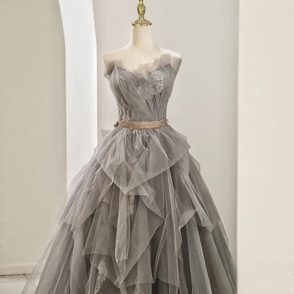 Gown Lace Ruched A-Line Tube Mesh Panel Evening