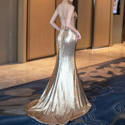 Plain Ruched Spaghetti Gown Evening Trumpet Metallic Sequin Strap