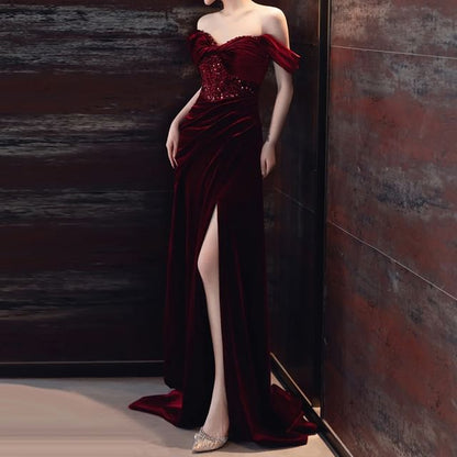Sleeveless Off Shoulder Plain Sequin Ruched Slit Panel Velvet Sheath Evening Gown