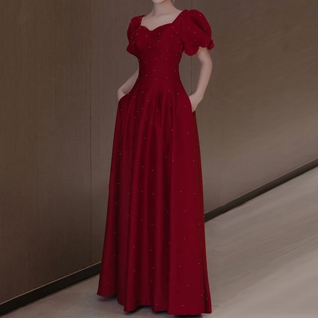 Square Plain Evening A-Line Puff Gown Sleeve Neck
