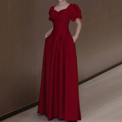 Square Plain Evening A-Line Puff Gown Sleeve Neck