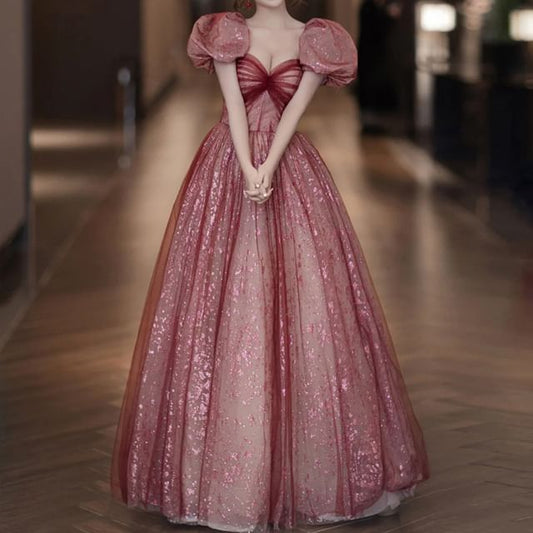 Evening Sweetheart Neck Ruched A-Line Gown Sleeve Patterned Mesh Puff