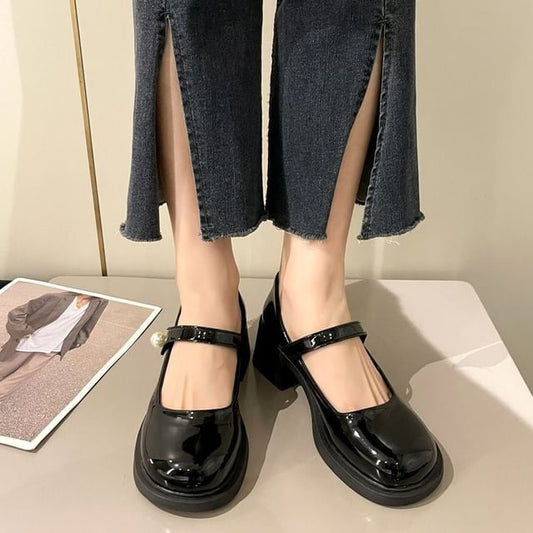 Pearl Mary Patent Heel Shoes Faux Block Jane