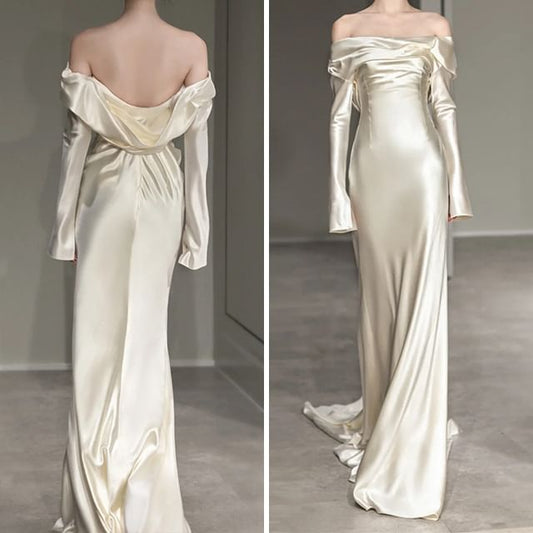 Gown Shoulder Plain Off Sheath Wedding Long-Sleeve