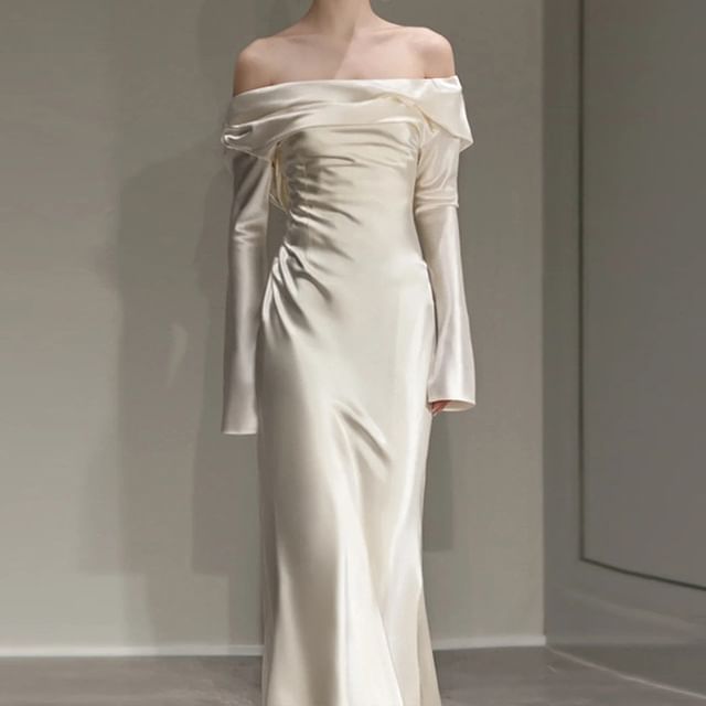 Gown Shoulder Plain Off Sheath Wedding Long-Sleeve