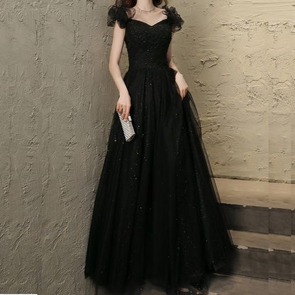 Gown Plain Evening A-Line Square Mesh Beaded Sleeveless Neck