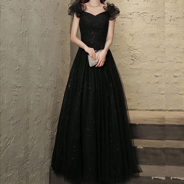 Sleeveless Square Neck Plain Beaded Mesh A-Line Evening Gown