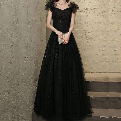 Sleeveless Square Neck Plain Beaded Mesh A-Line Evening Gown