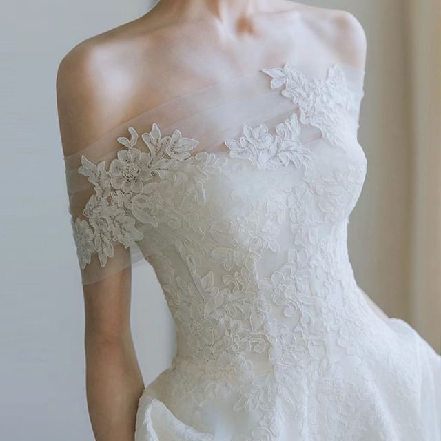 Off Shoulder A-Line Gown Wedding Lace