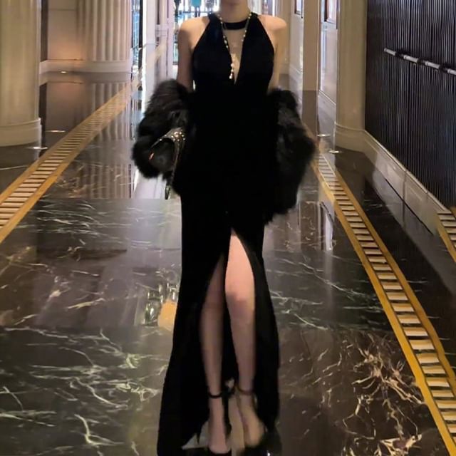 Slit Plain Sleeveless Evening Gown