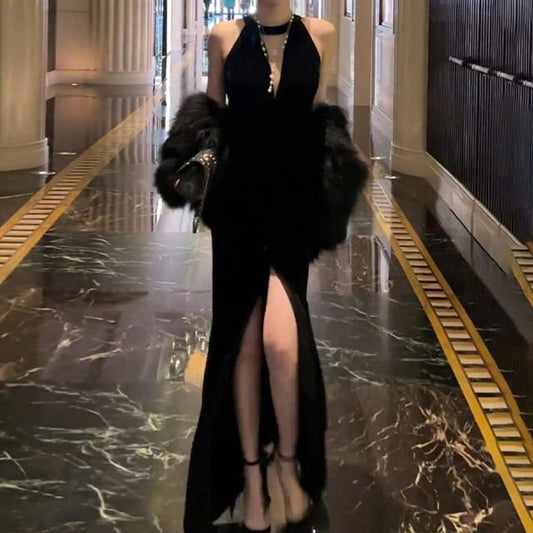 Slit Plain Sleeveless Evening Gown