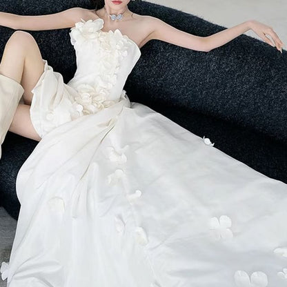 Floral Back Strapless Deep Wedding Gown