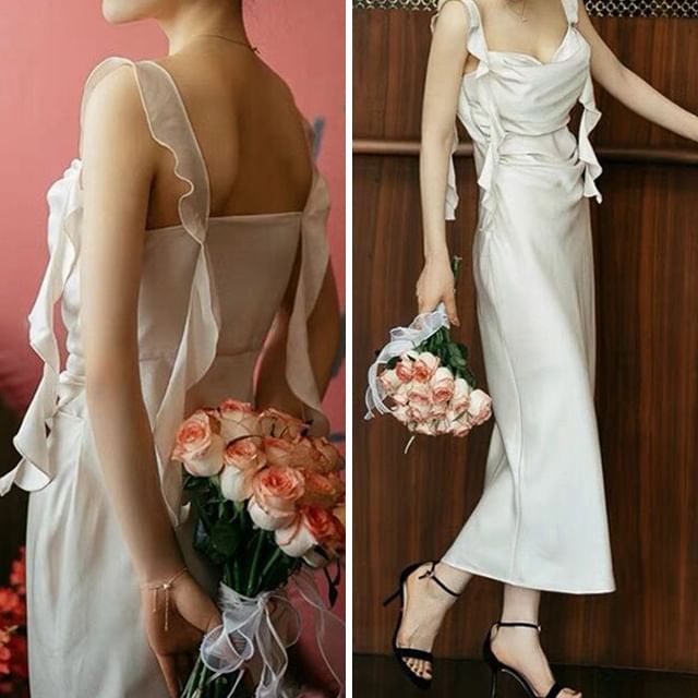 Ruffle Sleeveless Wedding Plain Sheath Gown