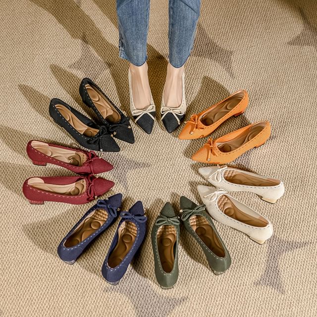 Fabric Heel Block Pointed Bow Pumps
