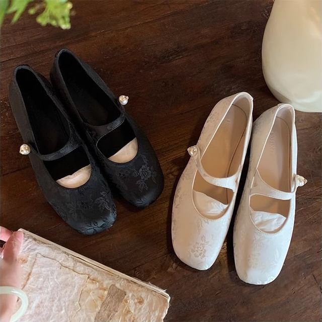Fabric Mary Jane Flats Pearl Faux