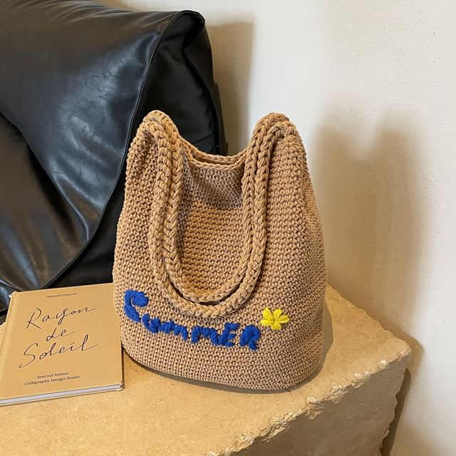 Lettering Embroidered Woven Bucket Bag – SpreePicky