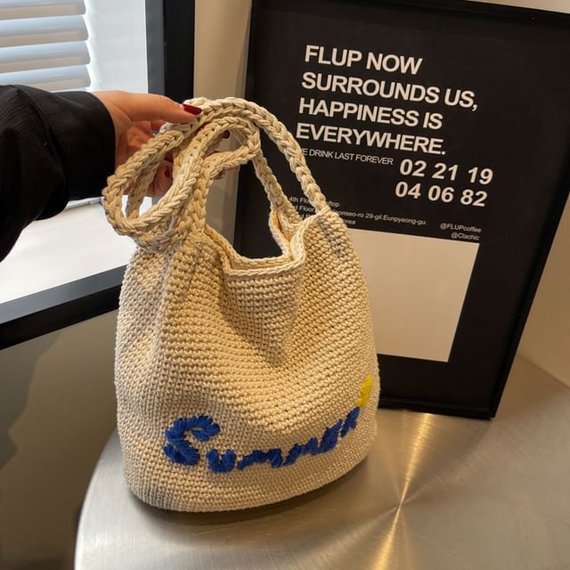 Lettering Embroidered Woven Bucket Bag