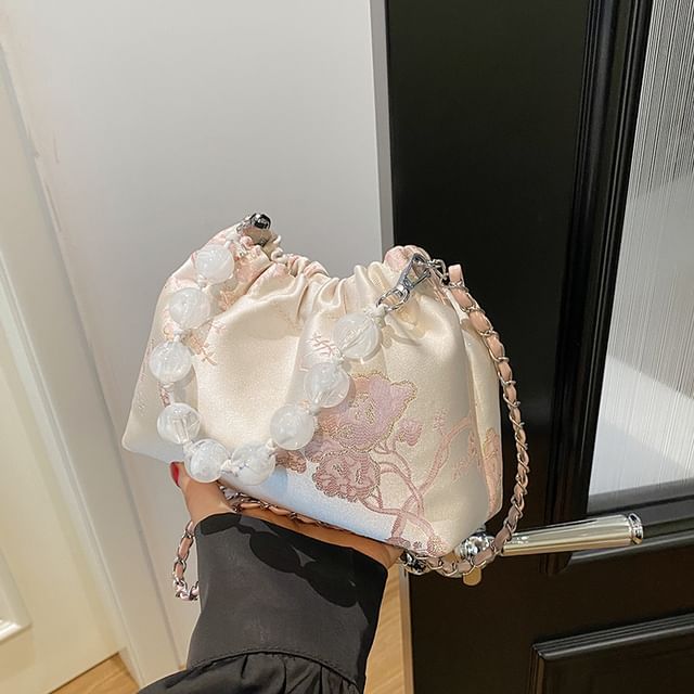 Sac à bandoulière en jacquard fleuri avec sangles perlées