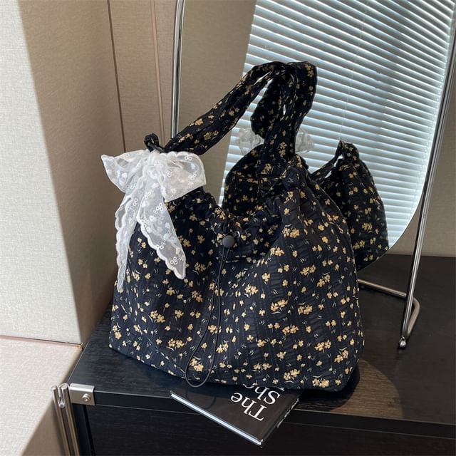 Floral Print Drawstring Tote Bag / Lace Scarf / Set