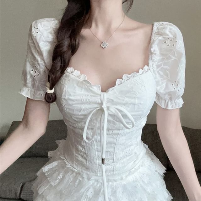 Short-Sleeve Square Neck Embroidered Eyelet Tie Front Blouse / High Rise Tiered Lace Mini A-Line Skirt