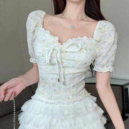 Short-Sleeve Square Neck Embroidered Eyelet Tie Front Blouse / High Rise Tiered Lace Mini A-Line Skirt