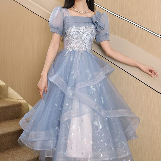 A-Line Butterfly Puff Mesh Gown Evening Print Cocktail Square Embroidered Dress Neck / Sleeve Floral