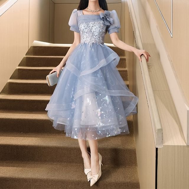 Puff Sleeve Square Neck Butterfly Print Floral Embroidered Mesh A-Line Evening Gown / Cocktail Dress