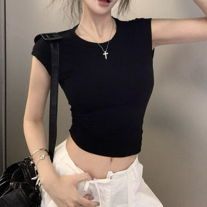 Short-Sleeve Round Neck Plain Backless Tee