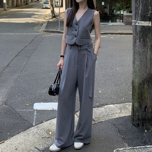 V-Neck Plain Crop Button Vest / Mid Waist Wide Leg Suit Pants