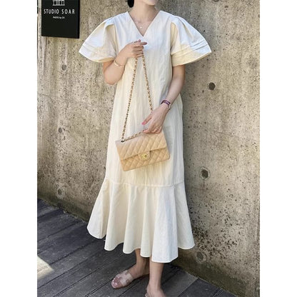 Short-Sleeve V-Neck Plain Midi A-Line Dress