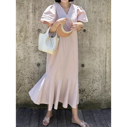 Short-Sleeve V-Neck Plain Midi A-Line Dress