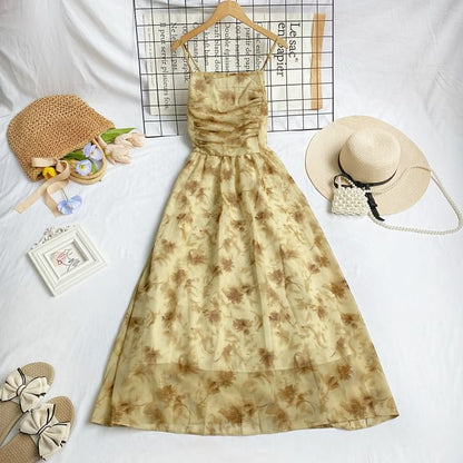 Midikleid in A-Linie mit Spaghettiträgern und Blumenmuster