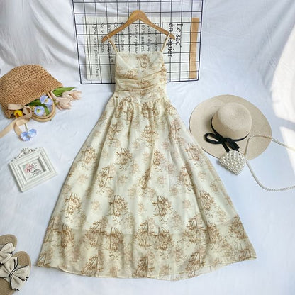 Midikleid in A-Linie mit Spaghettiträgern und Blumenmuster