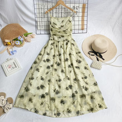 Midikleid in A-Linie mit Spaghettiträgern und Blumenmuster