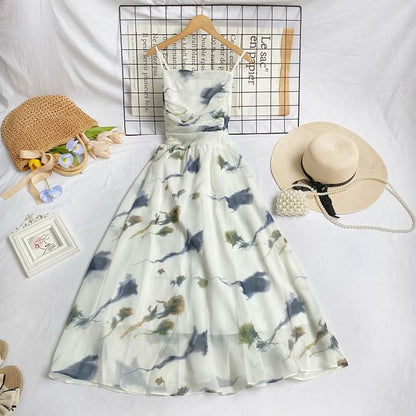 Midikleid in A-Linie mit Spaghettiträgern und Blumenmuster