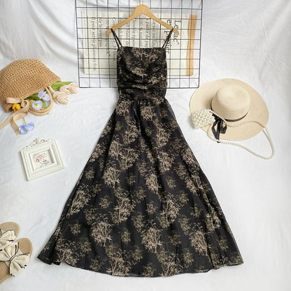 Midikleid in A-Linie mit Spaghettiträgern und Blumenmuster