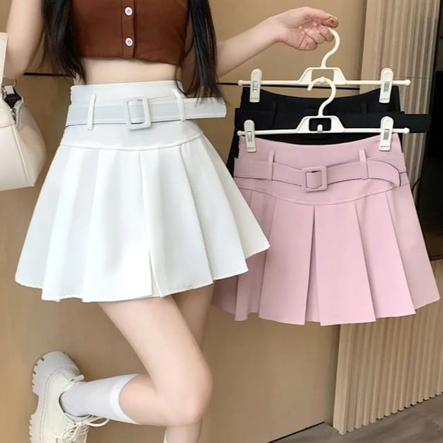Waist High Undershorts Set Skirt A-line Belt Plain Mini / Pleated