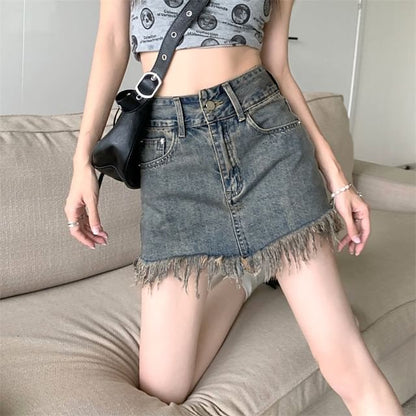 Hem Pencil High Fringed Waist Skirt Denim Mini