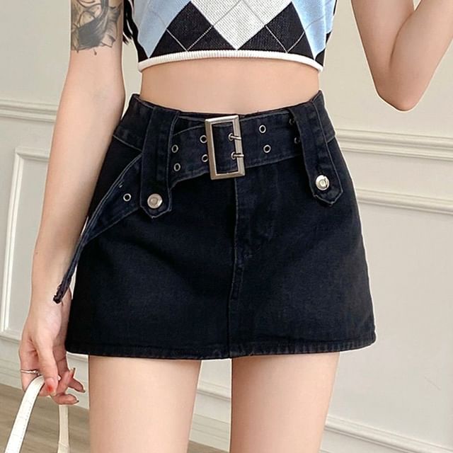 Skirt Denim Mini Waist A-Line High