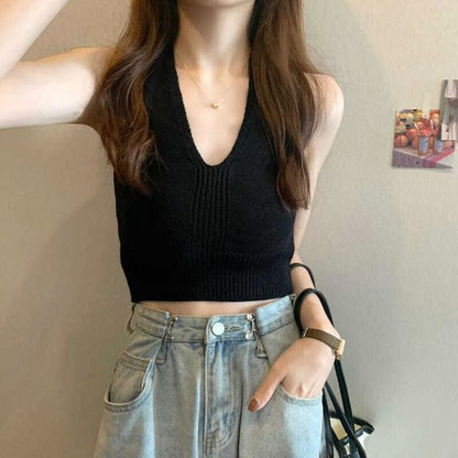 V-Neck Plain Knit Cropped Halter Top