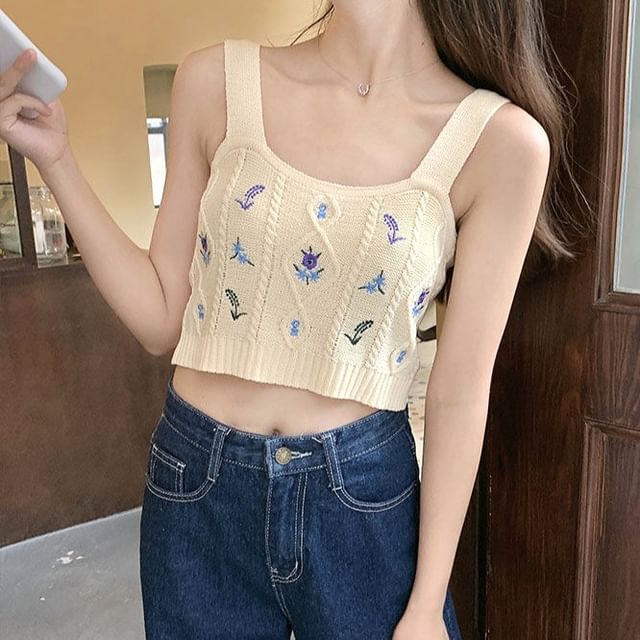 Flower Embroidered Knit Cropped Camisole Top