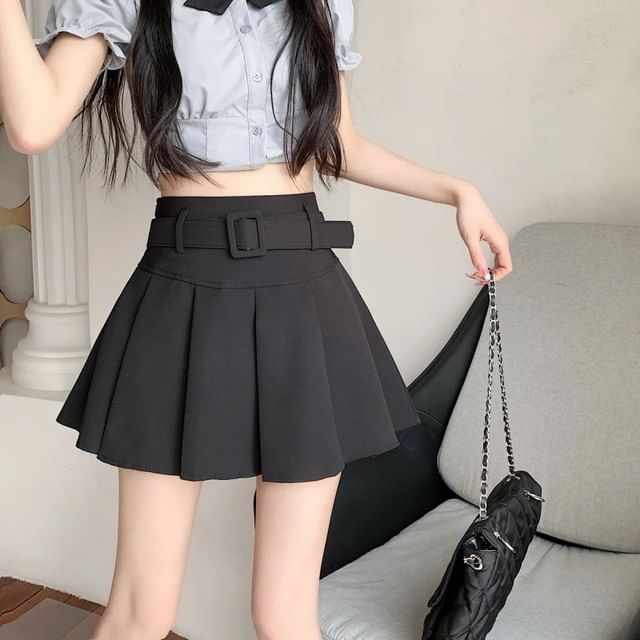 Waist High Undershorts Set Skirt A-line Belt Plain Mini / Pleated