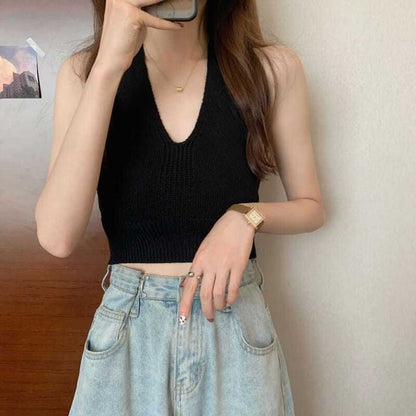 V-Neck Plain Knit Cropped Halter Top