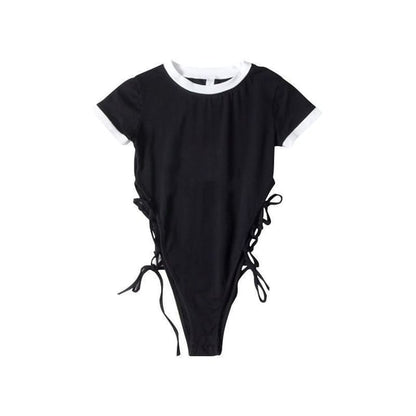 Top Neck Bodysuit Crew Lace-Up Plain Short-Sleeve