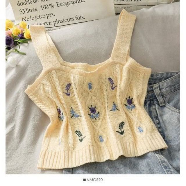 Flower Embroidered Knit Cropped Camisole Top