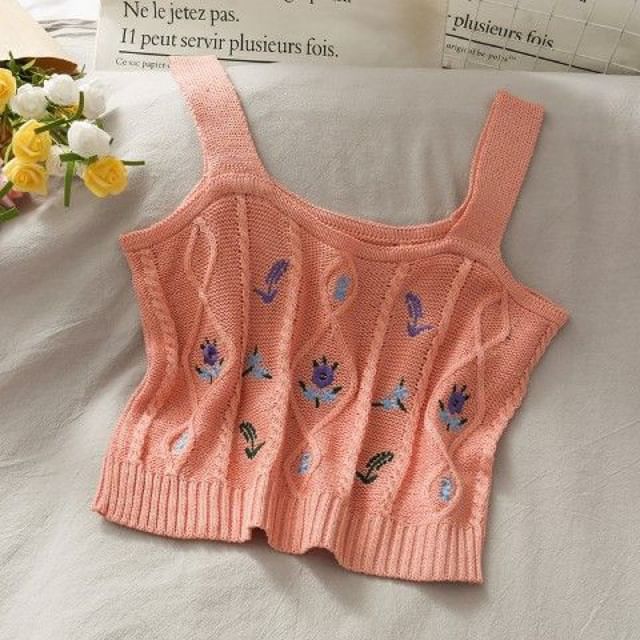 Flower Embroidered Knit Cropped Camisole Top