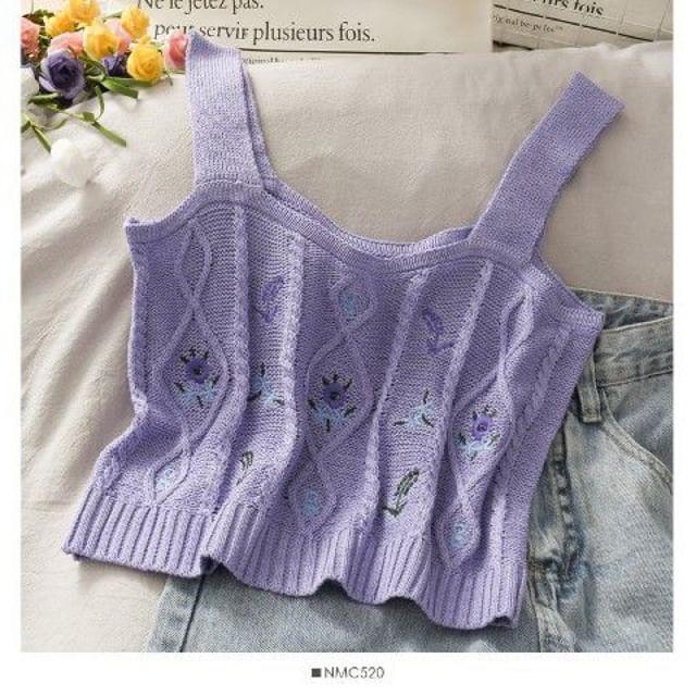 Flower Embroidered Knit Cropped Camisole Top