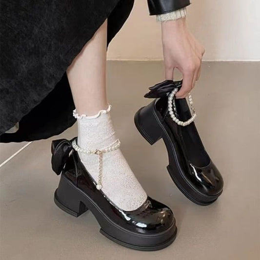 Block Heel Plain Bow Mary Jane Pumps