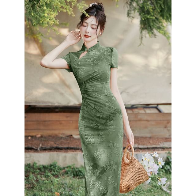 Short-Sleeve Floral Print Cutout Ruched Slit Mesh Midi Sheath Qipao
